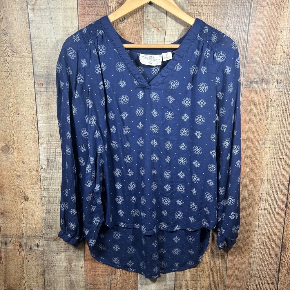 H&M L.O.G.G Boho Peasant Blouse Blue Medallion Print Viscose Tunic Top 8